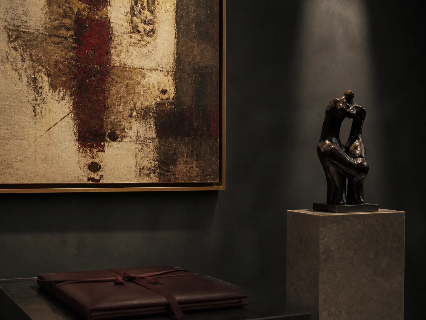 Abstract painting and bronze sculpture in a private gallery