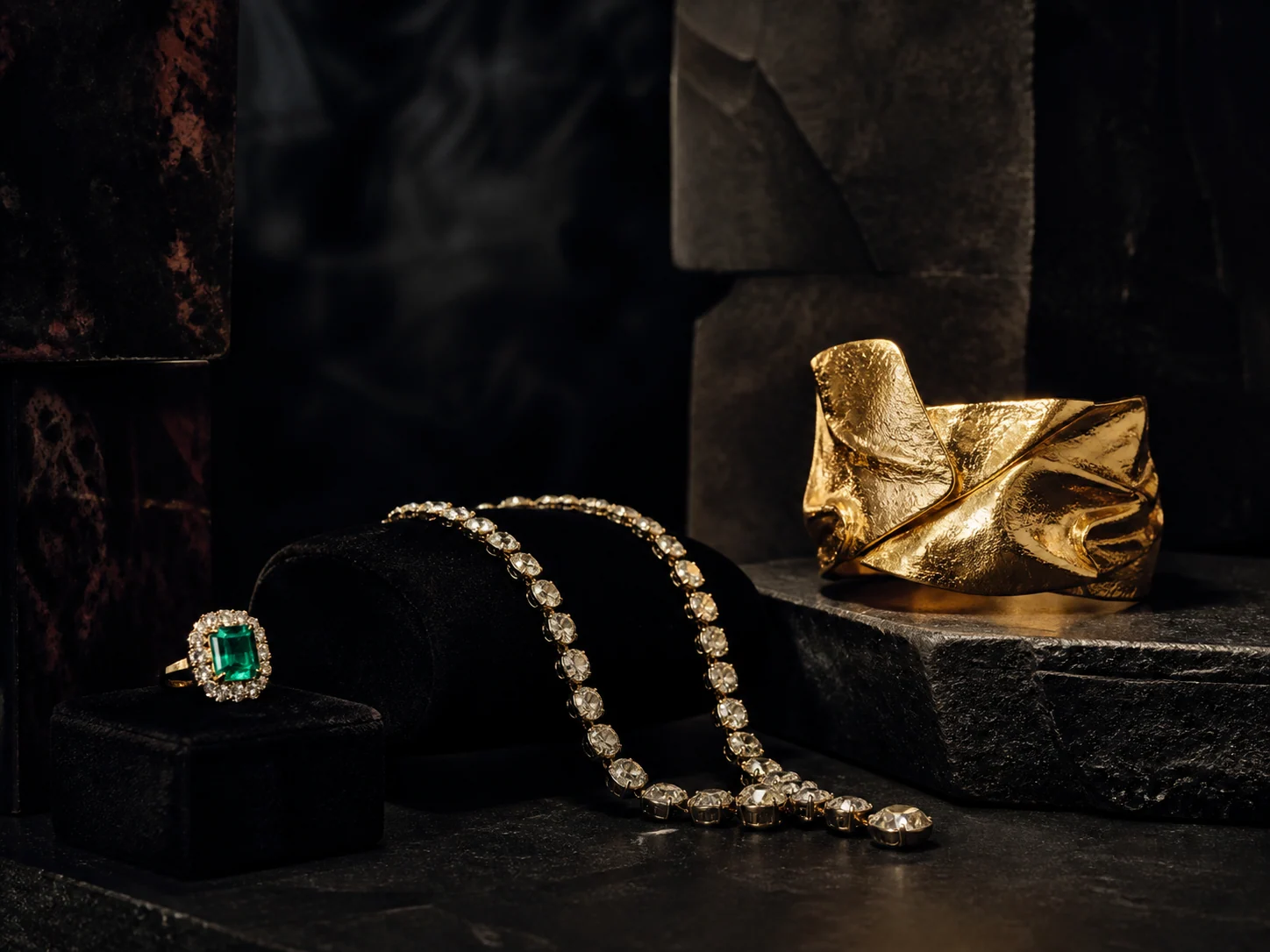 Estate jewelry arranged on black velvet and stone