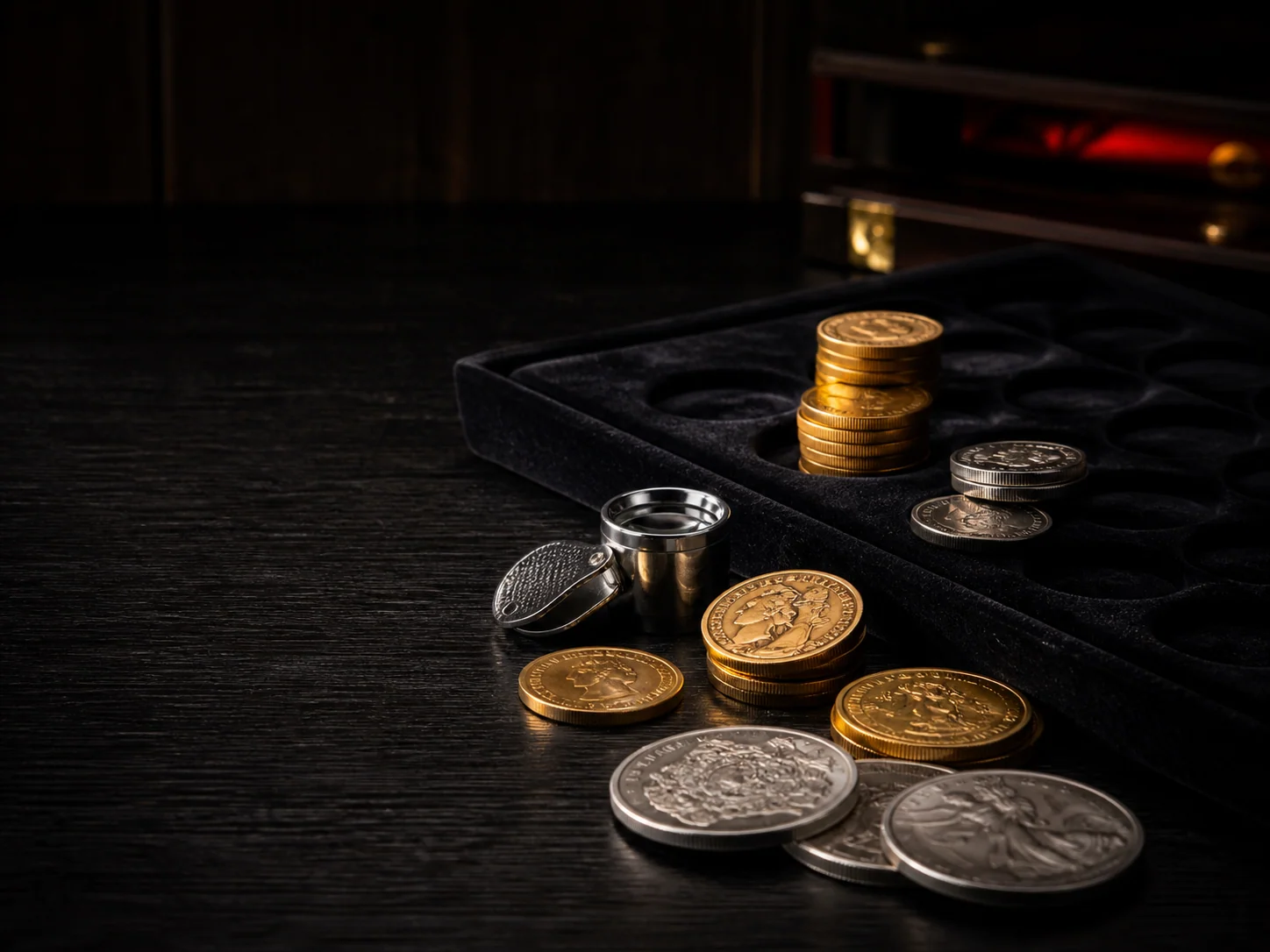 Gold and silver coins in a private appraisal setting