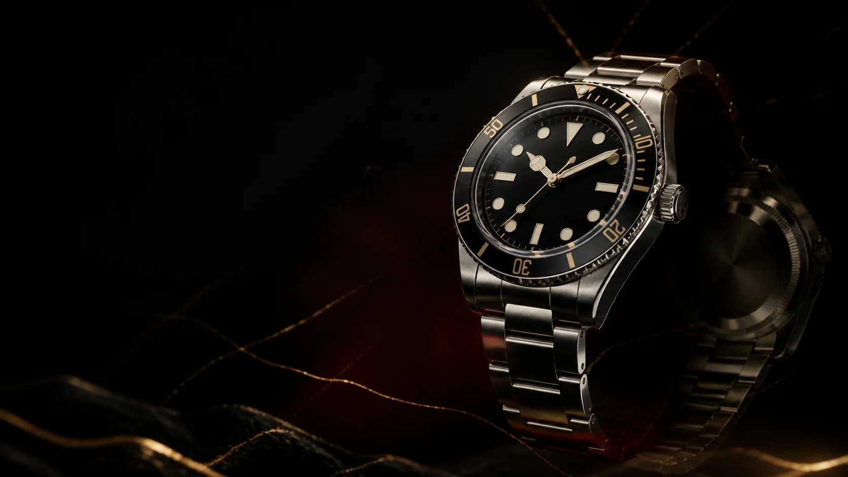 Unbranded luxury dive watch in dramatic gallery lighting