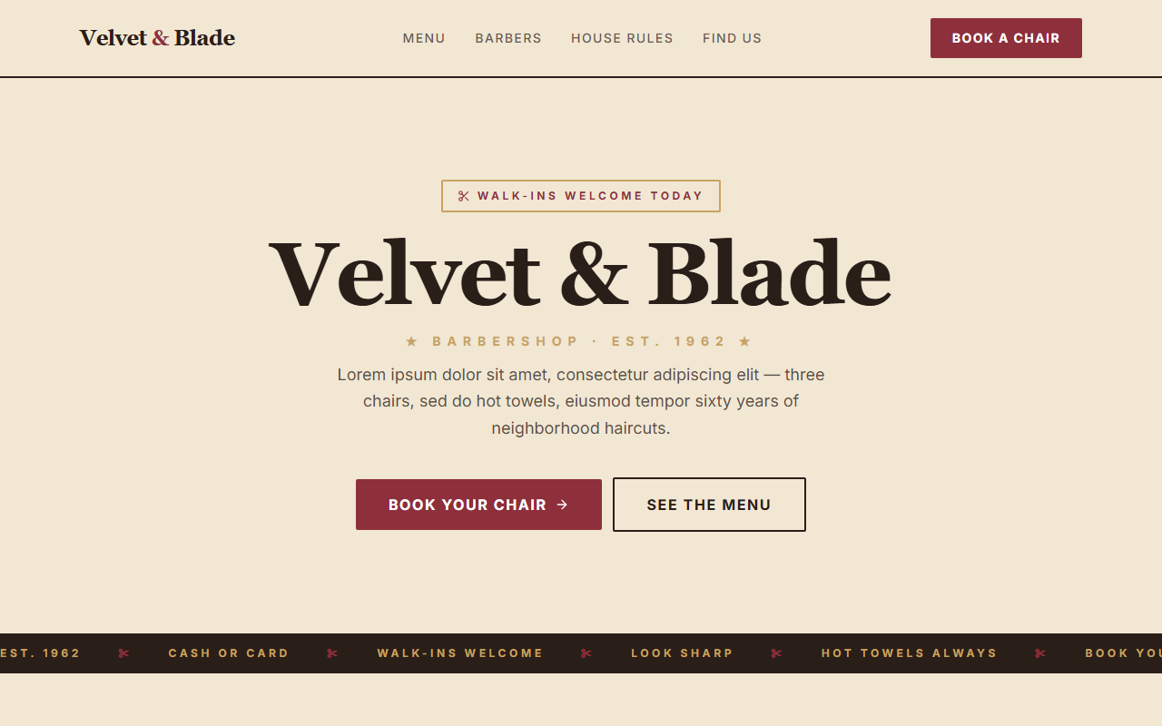 Velvet & Blade website design preview