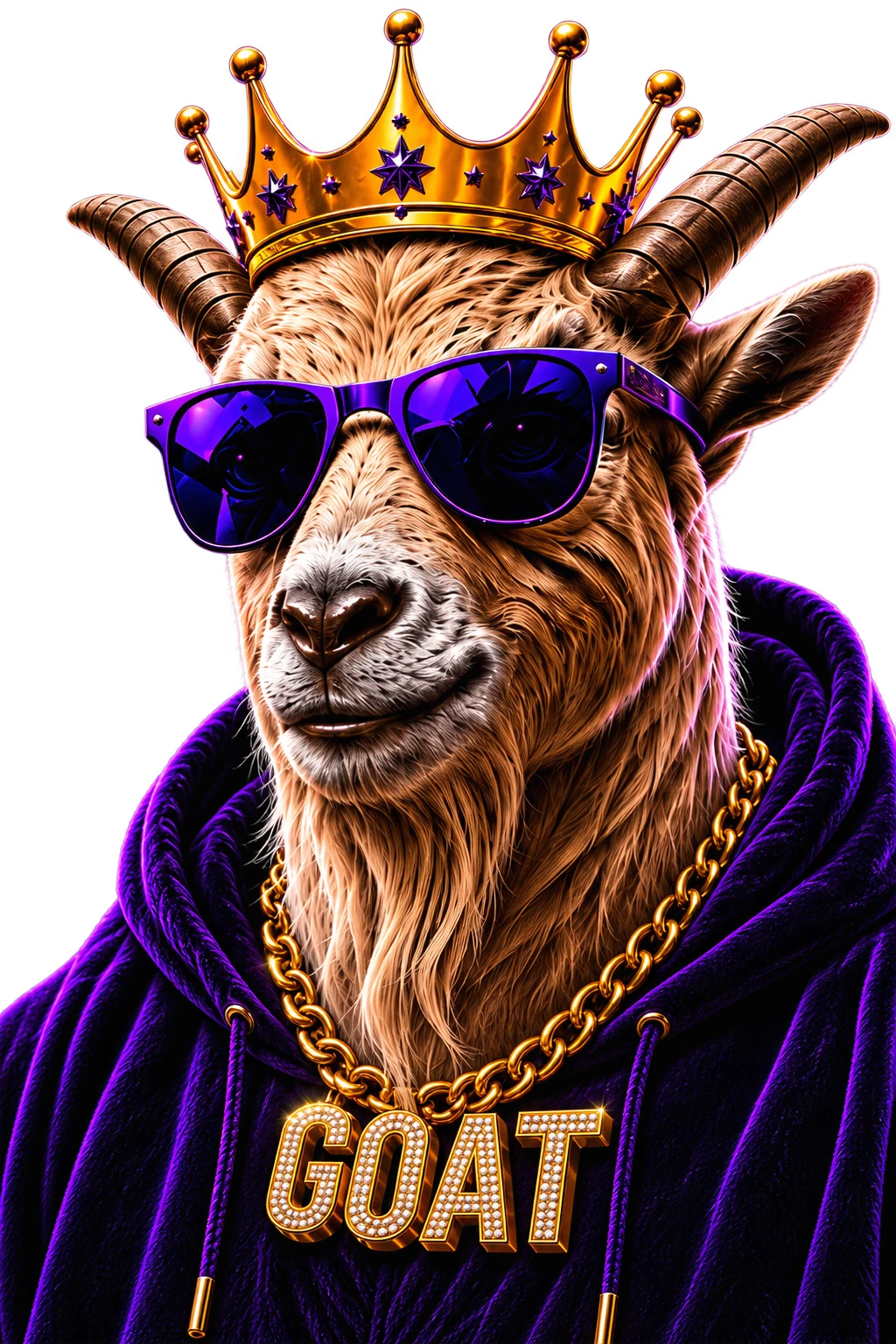 The GOAT Offer mascot wearing a gold crown and purple sunglasses