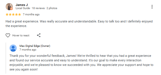 James J Google review snippet
