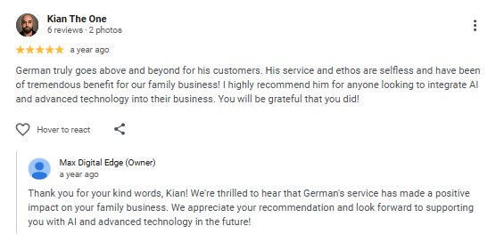 Kian The One Google review snippet