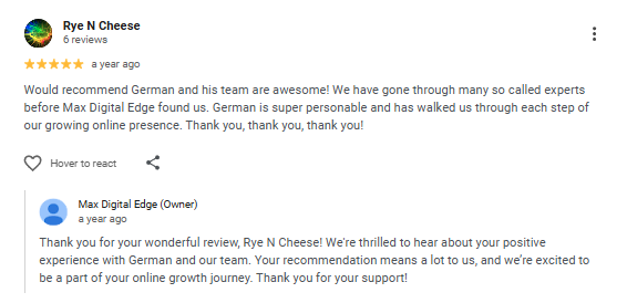 Rye N Cheese Google review snippet